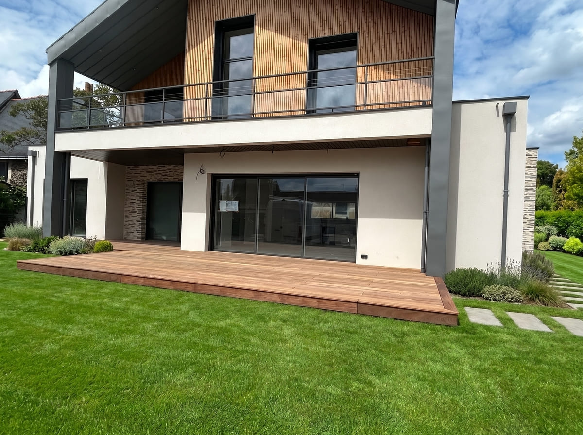 Terrasse bois exotique de plain-pied posée devant une maison contemporaine, entourée d’une pelouse Terrasse bois exotique de plain-pied posée devant une maison contemporaine, entourée d'une pelouse