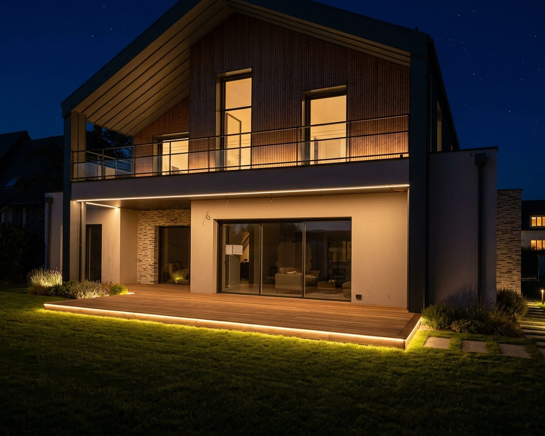 terrasse en bois avec éclairage LED intégré