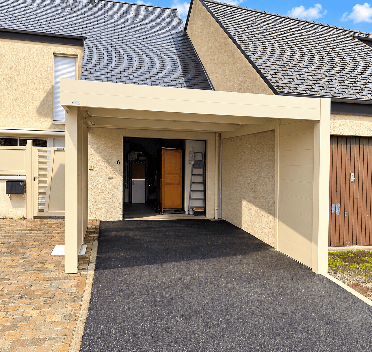 Carport aluminium dans le prolongement d'une maison rénovée, avec cloison latérale
